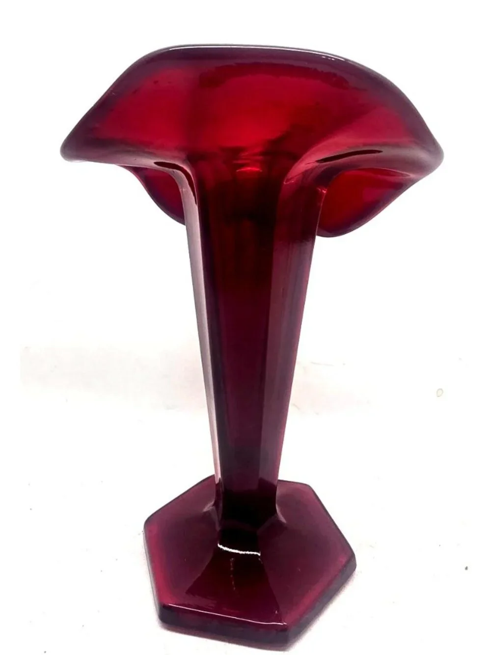 Vintage Ruby Red Glass Pedestal Vase with Flared Top & Hexagonal Base